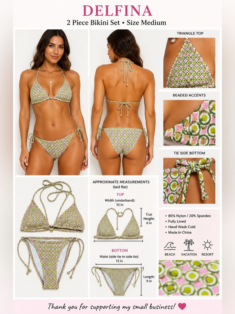 Delfina Bikini Set Medium Green Pink Retro Geometric Beaded String 2 Piece Swim